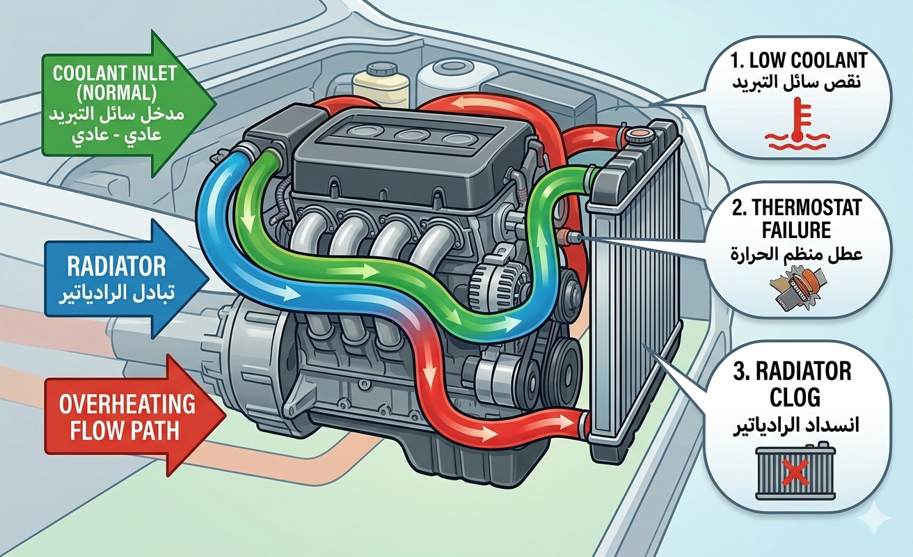 رسم تخطيطي لنظام تبريد المحرك والوقاية من ارتفاع الحرارة.